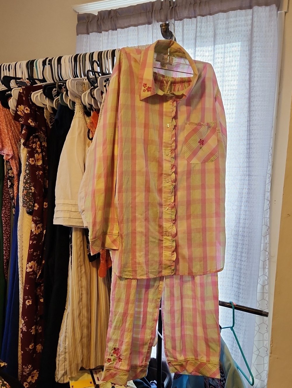Karen Neuburger Pink and Yellow Plaid Pajama Set with Floral Trim